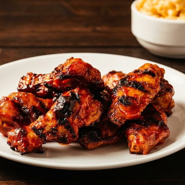 Grilled BBQ chicken wings with char marks on a white plate, with a side of mac and cheese.