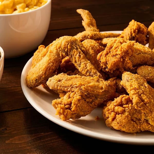 Crispy fried chicken wings on a white plate, with sides of collard greens and macaroni and cheese.