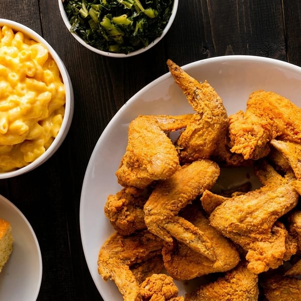 Platter of fried chicken wings with sides of macaroni and cheese, collard greens, and cornbread.