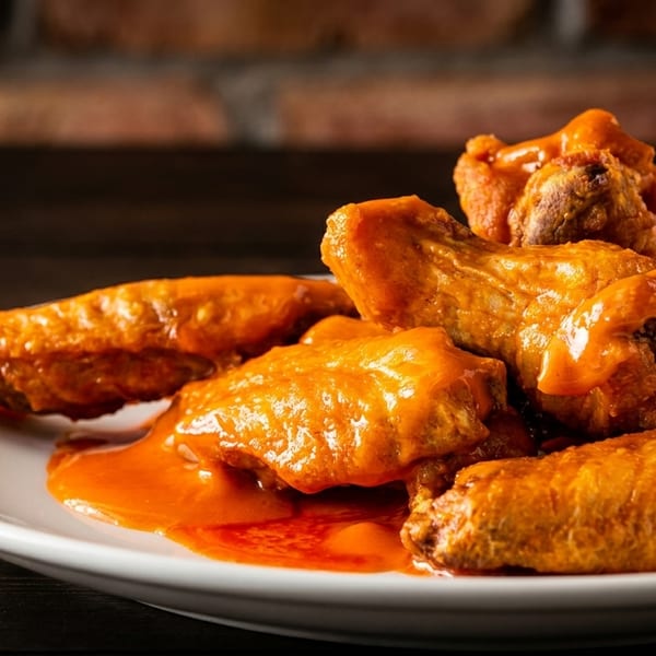 A white plate piled high with golden-brown chicken wings drenched in a vibrant orange sauce.