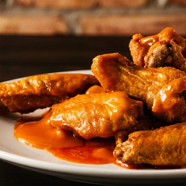 A white plate piled high with golden-brown chicken wings drenched in a vibrant orange sauce.