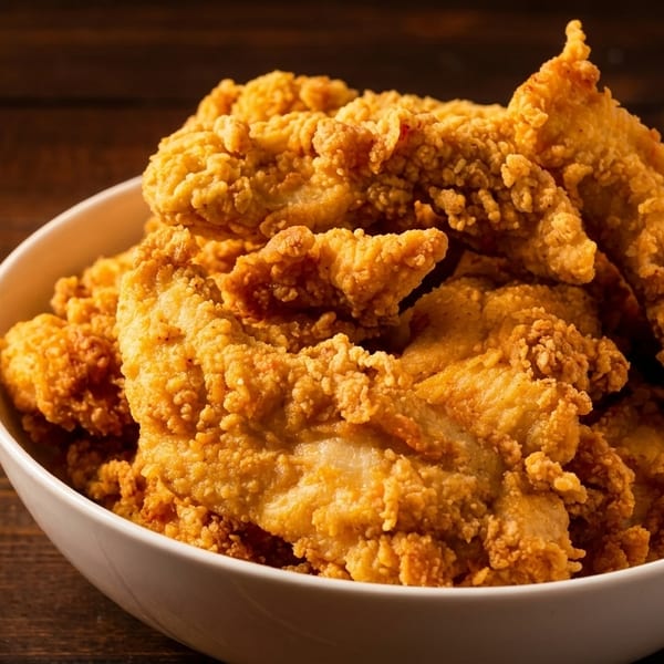 A white bowl overflowing with crispy, golden-brown fried chicken tenders on a dark wooden surface.