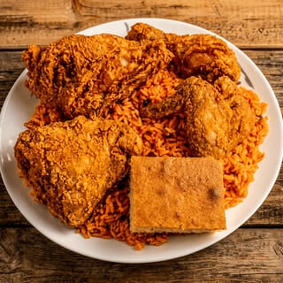 #4: 4pc Chicken, Spanish Rice, Soda & Cornbread