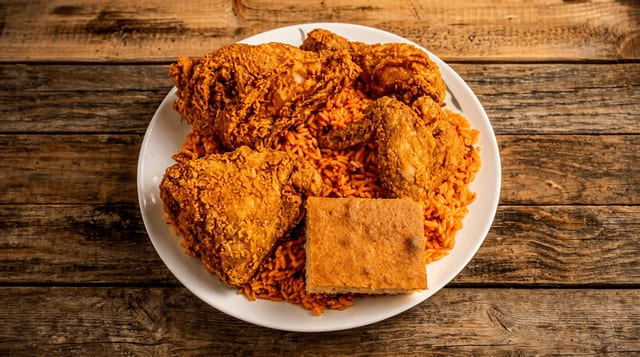 #4: 4pc Chicken, Spanish Rice, Soda & Cornbread.